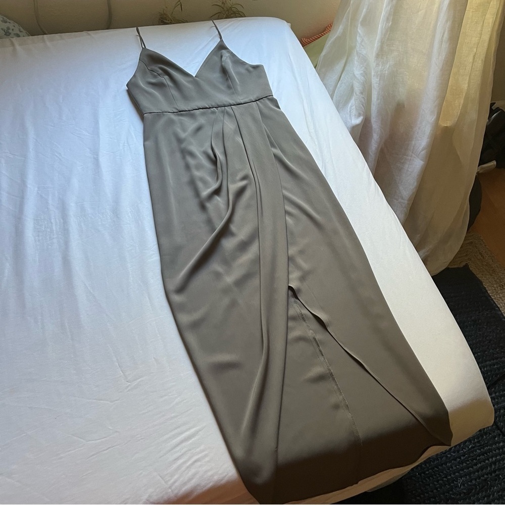 SHONA JOY tan draped pleated front sleeveless midi gown dress
